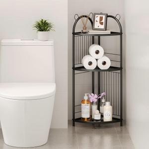 Corner Bathroom Shelf Metal Short Corner Stand Shelf Black Small Bathroom Storage Corner Shelf Unit for Toilet Shower Room 3 Tier