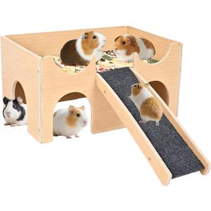 Wooden Guinea Pig Hideout, Multi-Cave Design Small Animal House, Guinea Pig Castle with Non-Slip Stairs and Double-Sided Mat