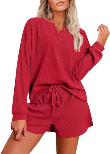 Ekouaer Pajama Set for Women Waffle Knit Lounge Sets Long Sleeve Top and Shorts Sleepwear Matching Loungewear,Red,S