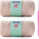 2 Skeins Tshirt Yarn for Crochet,Soft T Shirt Yarn for Crocheting Bag/Basket/Home Decor,Trapillo para Tejer a Crochet Bolsas with 1 Crochet Hook,Each Ribbon Yarn 7oz, 65yd