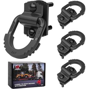D-Ring Tie Down Anchors with Rubber Isolators, 4 Pack Heavy Duty 10 Ton Capacity Carbon Steel, Bolt-On with Mounting Hardware, Zinc & Powder Coated for Trailer, Truck, Pickup, Garage-Black