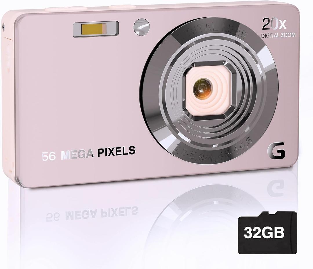 Digital Camera, 4K Cameras for Photography, Digital Point and Shoot Camera with 56Mp Autofocus 20X Zoom Anti Shake, Video Camera with 32GB SD Card for Adults, Teens, Beginners(Pink) (Pink)