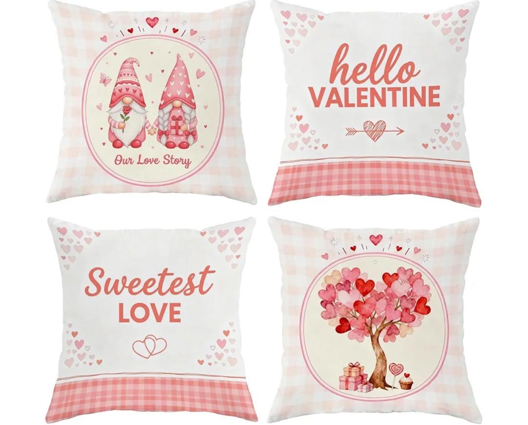 Dotegu Pink Valentine's Day Pillow Covers 18 x 18 Inch Set of 4, Valentines Decor Love Heart Designs Decorative Pillowcases for Home Sofa Couch Cushion Decoration