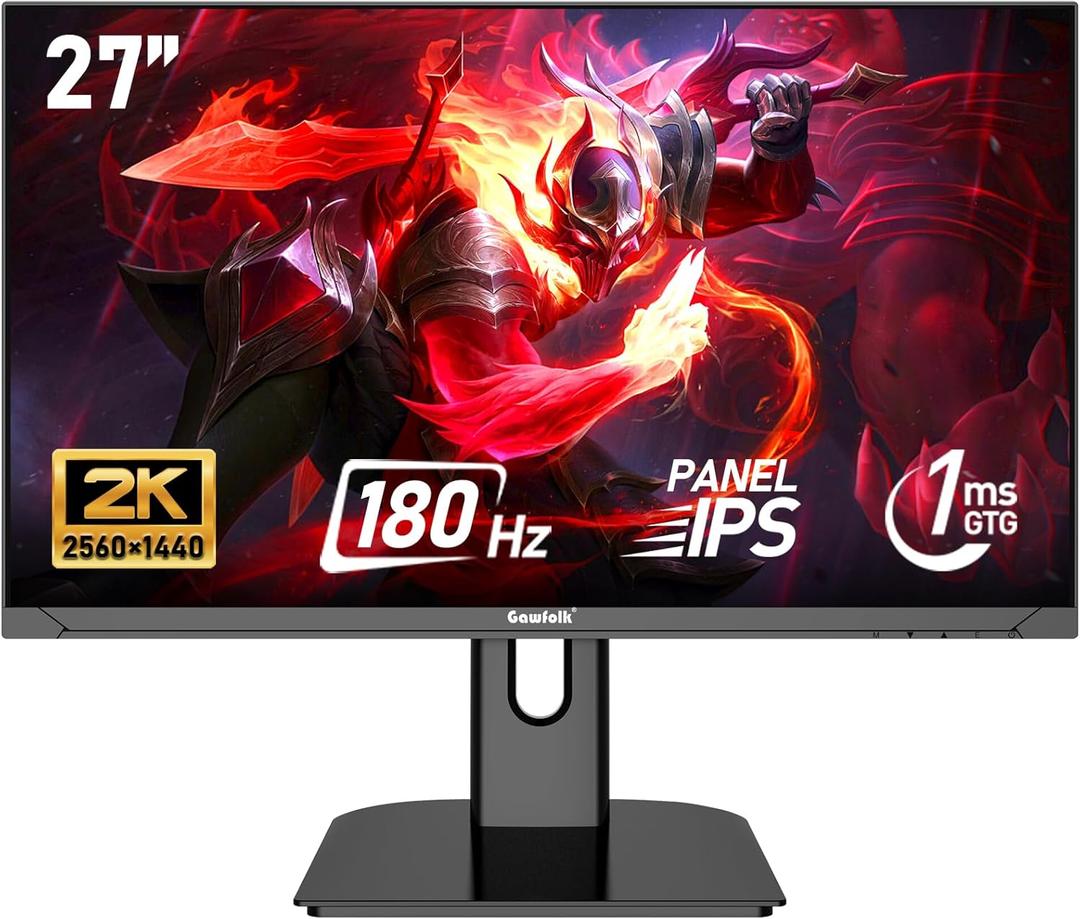 Gawfolk 27 inch 2K QHD(2560×1440) PC Screen, 180Hz Gaming Monitor, 1ms Without Bezel, FreeSync,100% sRGB, 178° Wide Viewing Angle, HDMI2.0 & DisplayPort 1.4, 75 * 75MM Wall Mount Compatible- Black