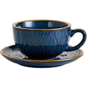 Vintage Design 12 oz Ceramic Latte Art Cappuccino Barista Cup with Saucer (Wave Blue)