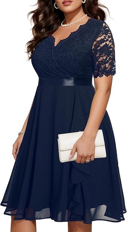 Cocktail Dress For Women, Plus Elegant Dress, Fancy Dress, Vintage V-neck, A Line, Wedding Guest Sparkle Chffion Midi Dress, Navy Blue (No Size)