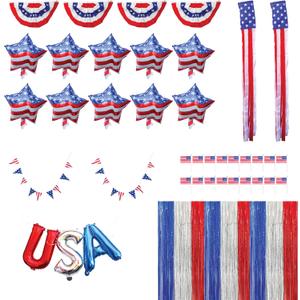 45 PC 4th Of July Decorations, USA Independence Day Patriotic Dcor Set, American Bunting & Windsock Flags, Red White & Blue Streamer Backdrop, 10 Aluminum 1 USA Balloon, 2 Garland 8.2, 18 flags