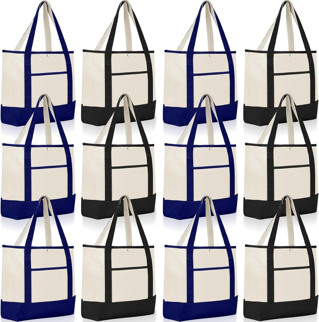 Sanwuta 12 Pack Canvas Tote Bags Bulk, Reusable Shopping Grocery Bags with Handles for Women, Teacher & Mother's Day Gifts (Dark Color)