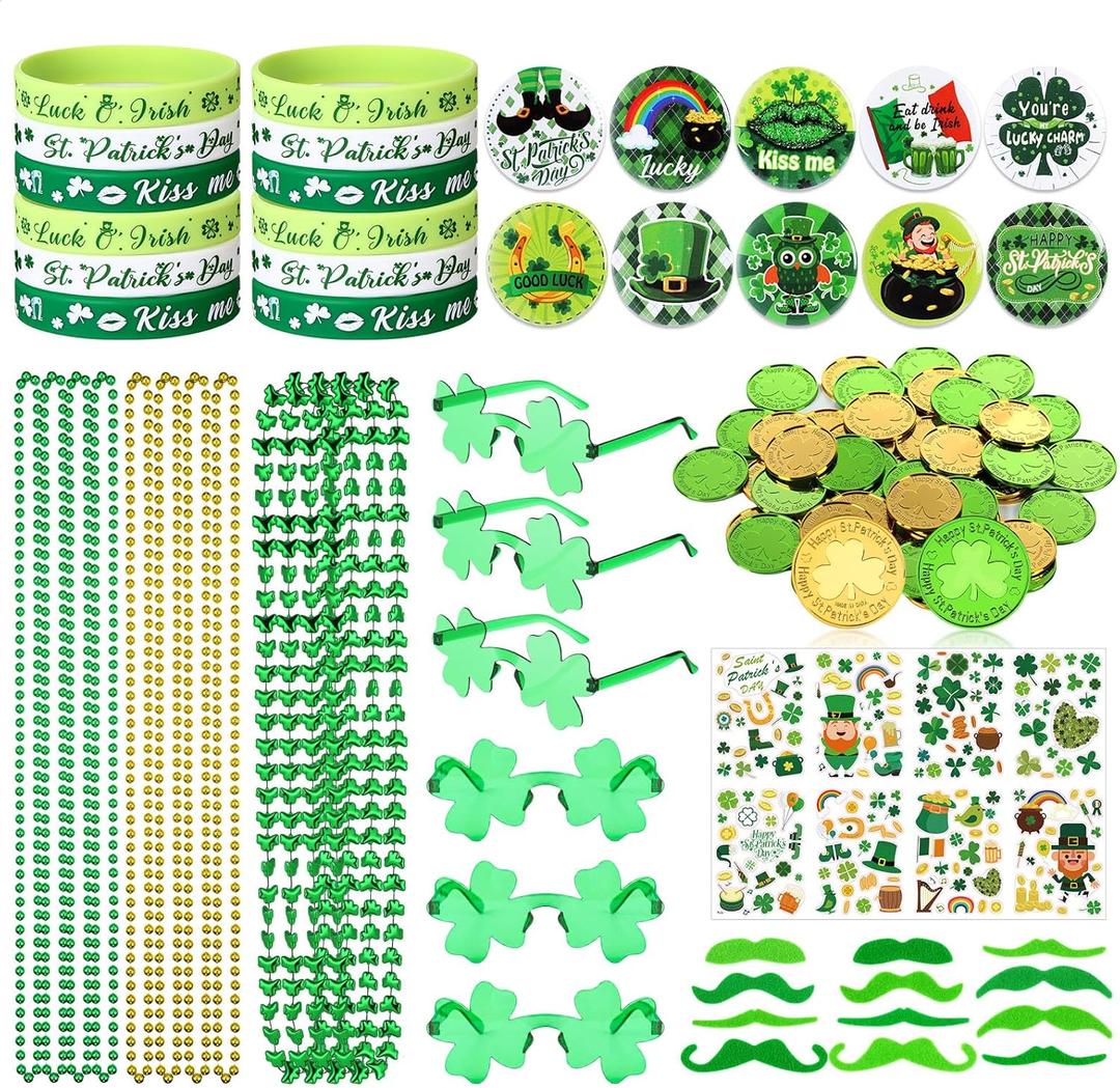 Cunno 354 Pcs St. Patricks Day Accessories Party Favors Set Includes Silicone Bracelets Shamrock Glasses Mustaches Stickers Green Gold Coins Necklaces Button Badges for Irish Parade Party Supplies