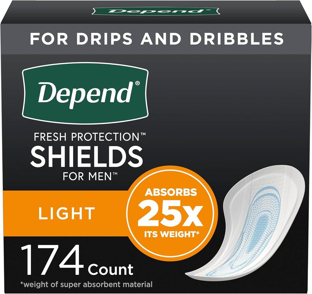 Depend Incontinence/Bladder Control Shields, Pads for Men, Light Absorbency, 174 Count (3 Packs of 58) (Packaging May Vary) (One Size)