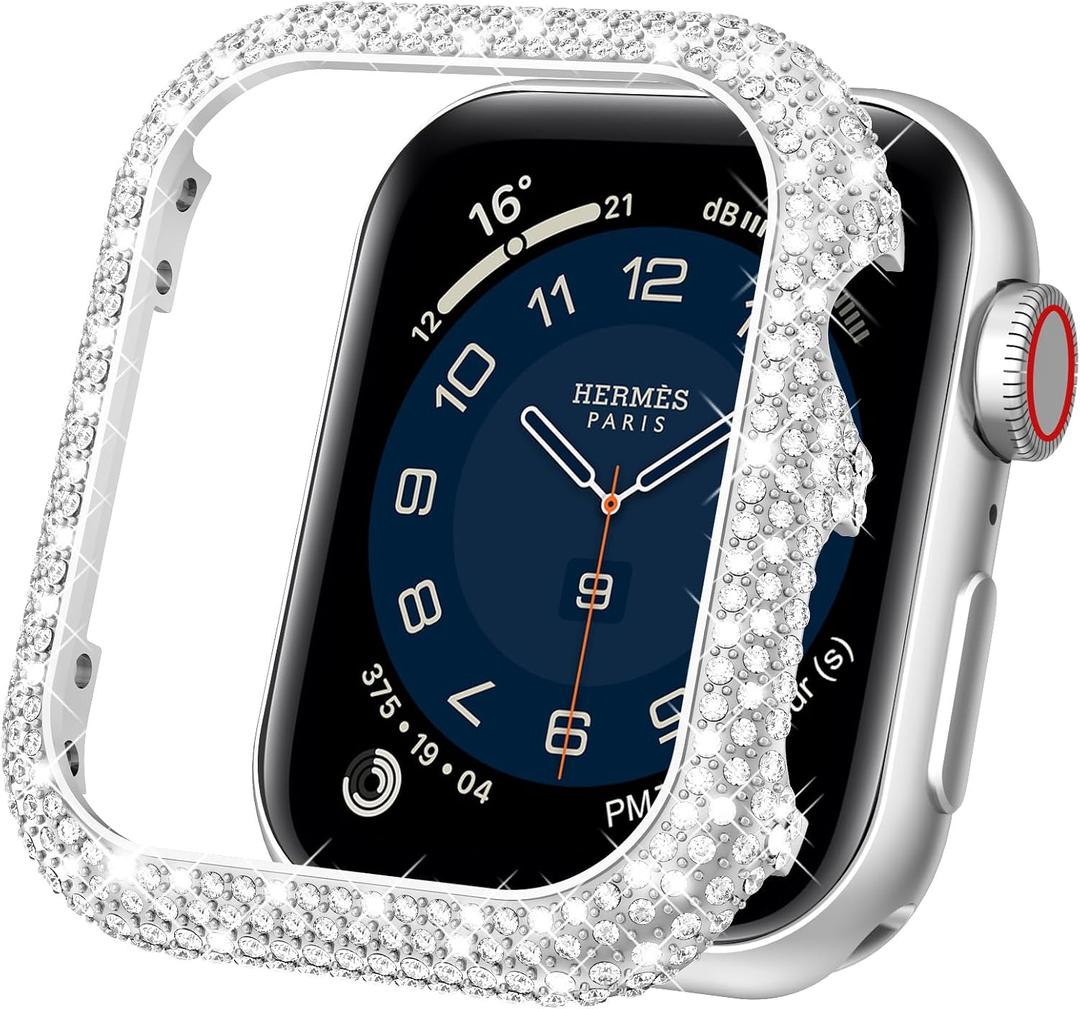 Mosonio Metal Case Cover Compatible with apple watch 44mm, Full Bling Metal watch case 44mm for Women(WT:0.34oz), Shiny and Durable Protective Case Cover for iwatch Series SE 6 5 4 44 mm (Silver,44mm)