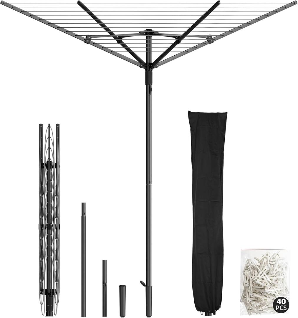 Clothes-Lines for-Outdoor, Heavy-Duty Umbrella Clothes-Drying-Rack for Blanket, Sheets, Skirt, Rotating and Hight-Adjustable Clotheslines-for-Outside, Backyard, Balcony, Camping, RV, Black, Large