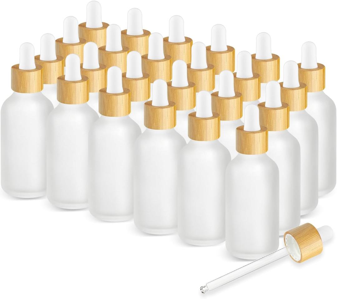 DMuuuDM 24 Pack 2 oz Frosted Glass Dropper Bottle, Empty Round Boston Travel Bottles With Eye Droppers, Natural Bamboo Dropper Cap for Essential Oils, Tinctures & Perfume, Facial Serums, Massage Oils