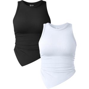 OQQ Women's 2 Piece Tank Tops Ruched Crew Neck Sleeveless Basic Stretch Tee Shirts (X-Large, Black,white)