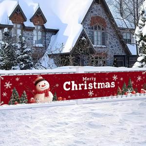 2 x Merry Christmas Banner 118x20 Inches Red Backdrop Snowman Christmas Trees Snowflakes Winter Holiday Scene Indoor Outdoor Party Wall Hanging Festive Photo Background Porch Decoration