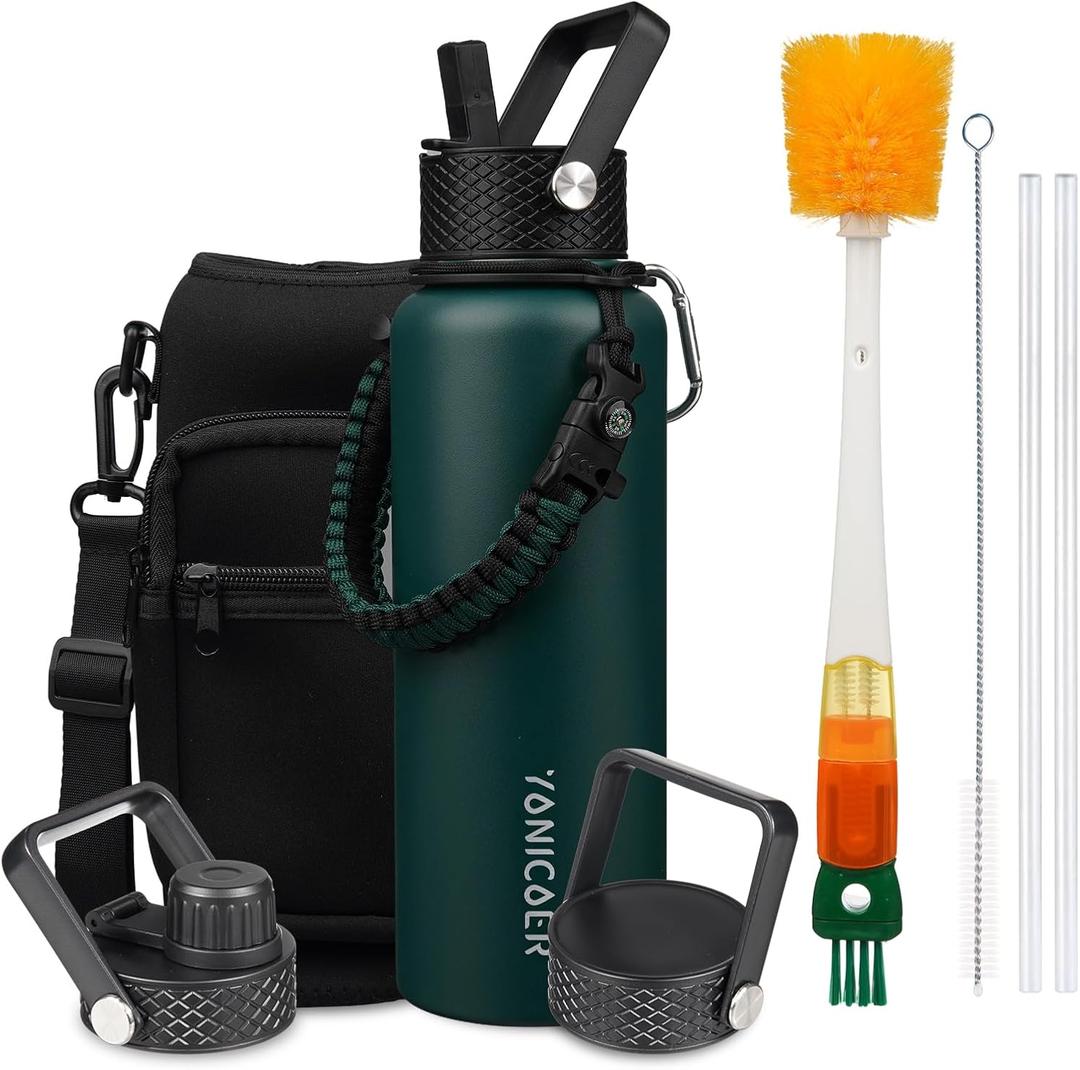 YONICOER Insulated Water Bottle 40oz, Triple Wall Vacuum Stainless Steel(Dishwasher Safe), Leak Proof & NonBPA, Flask Jug with Paracord Handle & Straw Spout Lids Sports Green