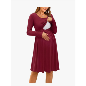 Womens Solid/Floral Maternity Dresses Sleeveless/Long Sleeve Nursing Gown Breastfeeding Clothes, Size L