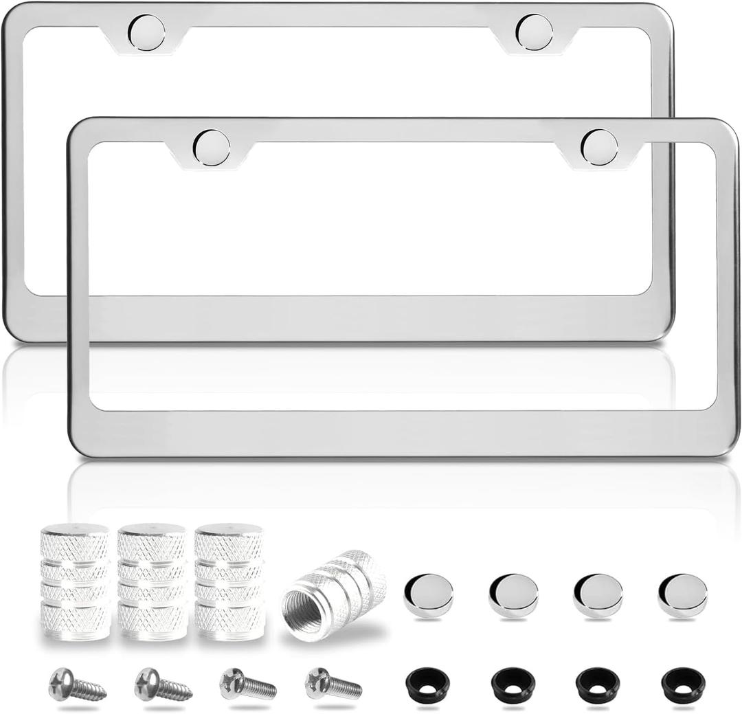 Mirror Polished Heavy Duty Stainless Steel License Plate Frame with Chrome Screw Caps, 2 Holes Rust-Proof Chrome-Like Finish Stainless Steel License Plate Frames 2 Pack (Common Style)