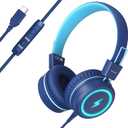 Kids Headphones with LED Lights for School, Upgrade USB Type C Kid Headphone with Microphone, Volume Limiter 85/94dB, Wired On Ear Headphones for Boys/Girls/Tablet/Travel -Blue
