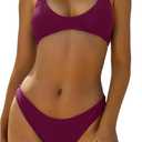 ZAFUL Women's Tie Back Padded High Cut Bralette Bikini Set Two Piece Swimsuit (1-Plum Velvet, Small)
