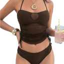 SHENHE Women's Halter Tankini Swimsuit Ruched Drawstring Mesh Bandeau Bathing Suits (Brown, L)
