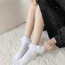 Lace Ruffle Frilly Socks for Women - Lace Ankle Socks with Bow (White)