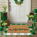 2 Pcs St Patrick's Day Layered Coir Doormat Set Lucky Shamrock Clover Welcome Front Door Mat with Green Checkered Outdoor Rug Non Slip Porch Entryway Rug for Indoor Outdoor Farmhouse Decor