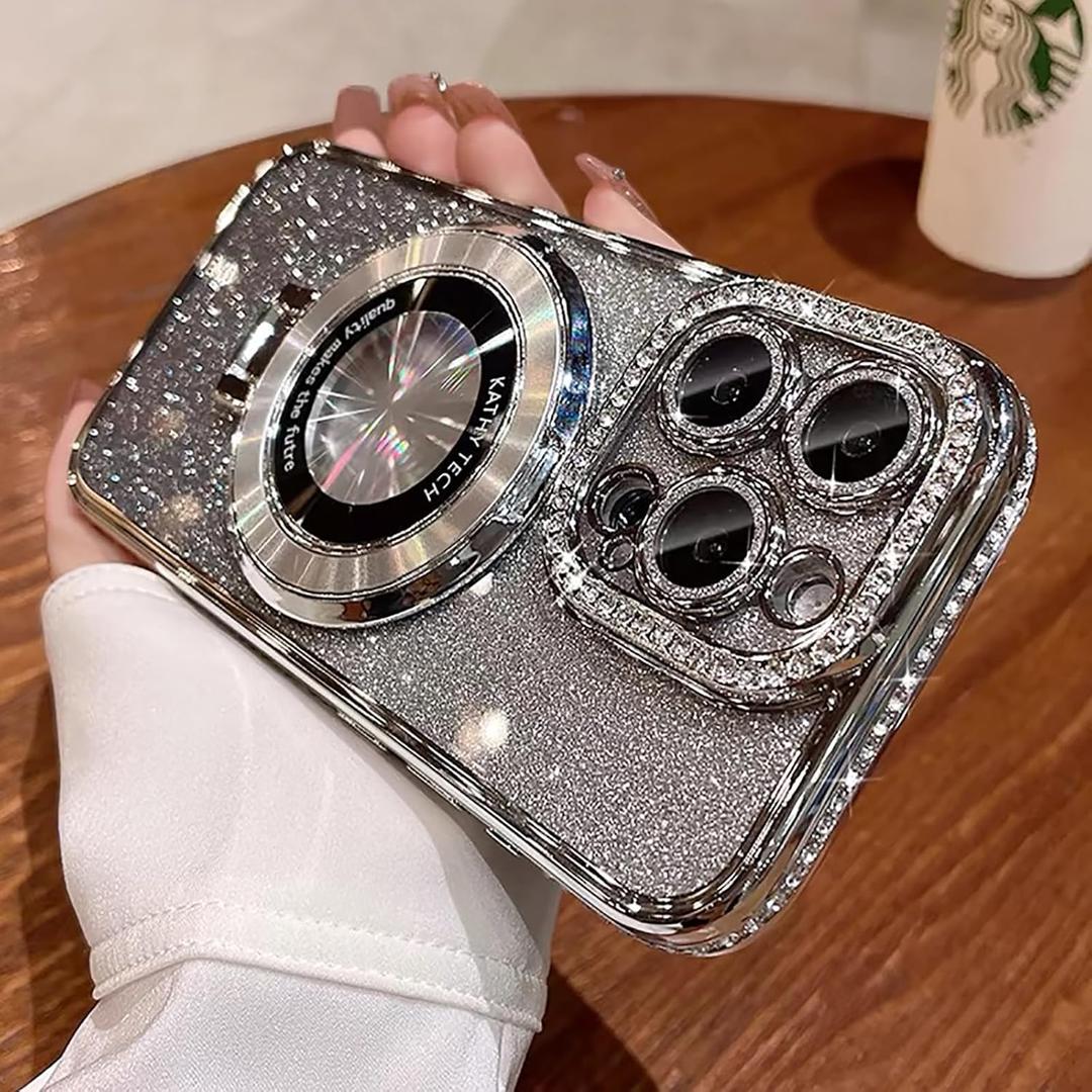 Luxury Bling Diamond Case for iPhone 15 Pro Max 6.7" - Clear Transparent Back with Glitter Card & Sparkling Rhinestones, Magnetic Kickstand, Shockproof Protection - Dazzling Cover for Women, Silver