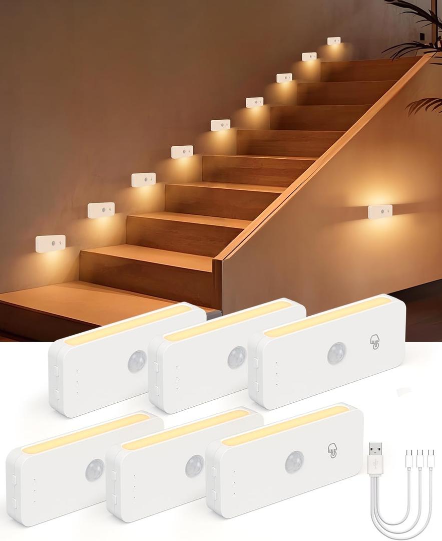 Yiliaw Motion Sensor Night Lights Indoor - Rechargeable Stick-On Stair Lights with Wireless Magnetic Mount, Adjustable Brightness & 3 Color Temps for Hallway, Stairway, Bathroom, Closet (6-Pack) (White)