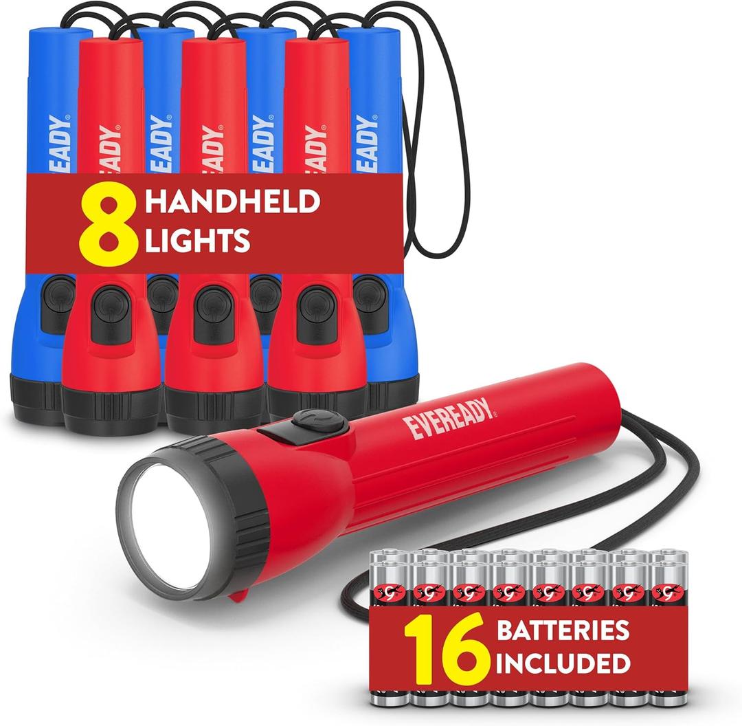 Eveready LED Flashlight Bright Reliable Flashlights for General Purpose, Great for Camping, Car, Emergency Storm Power Outage Handheld Flashlight (Batteries Included) (8 Pack, Blue/Red)