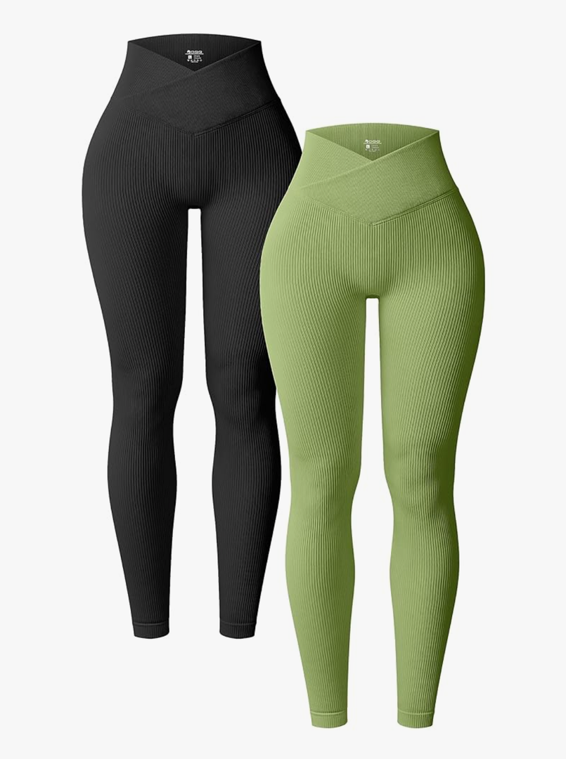 OQQ Women's 2 Piece Yoga Leggings Ribbed Seamless Workout High Waist Cross Over Athletic Exercise Leggings L