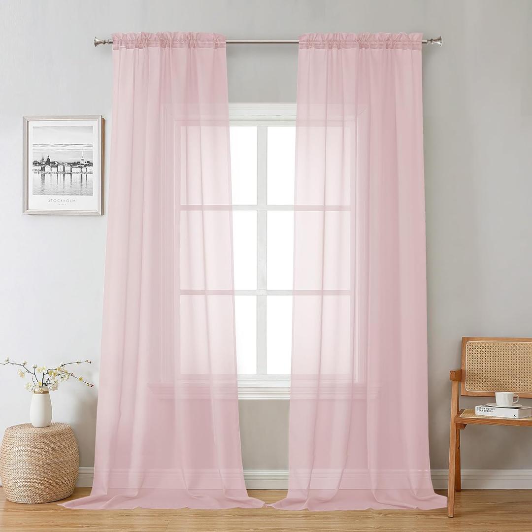 Lecloud Blush Pink Sheer Curtains 96 Inches Long 2 Panels, Modern Airy Voile Solid Curtains, Transparent Aesthetic Windows Decor Drape with Rod Pocket for Bedroom Living Room, Each 42" W x 96" L
