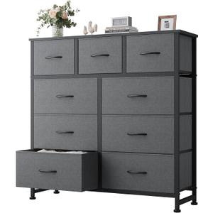 DUMOS Dresser for Bedroom, Dressers & Chests of Drawers Dresser Organizer, Wood Top Table Furniture with 9 Fabric Storage Tower Unit, Chest of Drawers for Closet, Living Room, Hallway, Porch