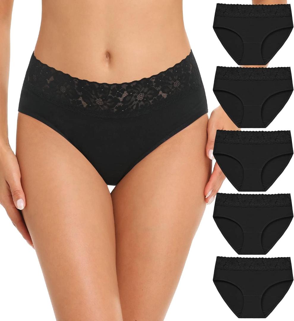 RHYFF Womens Underwear Cotton Bikini Panties Lace Soft Hipster Panty Ladies Stretch Full Briefs 5 Pack (Medium)