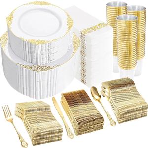 YOUBET 700PCS Gold Plastic Dinnerware Set - White and Gold Disposable Plates for 100 Guest - 200 Disposable Plates, 300 Heavy Duty Plastic Silverware, 100 Cups,100 Napkins for Wedding