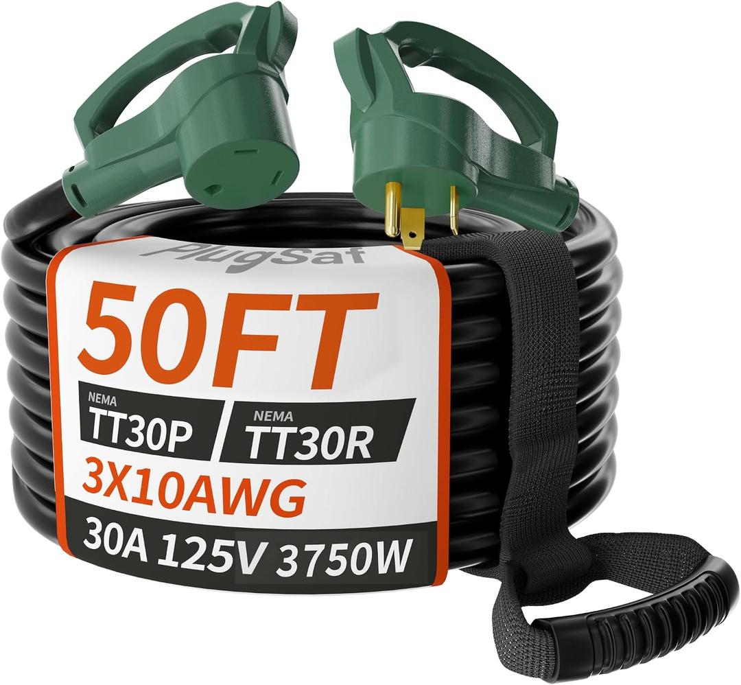 PlugSaf 50 FT 30 Amp RV Extension Cord Outdoor with Grip Handle, Flexible Heavy Duty 10/3 Gauge STW RV Power Cord Waterproof with Cable Organizer, NEMA TT-30P to TT-30R, Black-Green, ETL Listed
