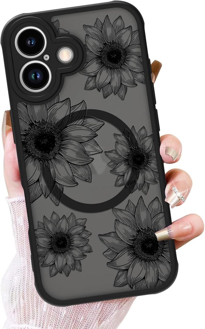 OOK Black Case Design for iPhone Air Case, Compatible with MagSafe, Cute Sunflower Floral Blooms Design Frosted Shockproof for Women Girls Magnetic Phone Cover - Black Flower