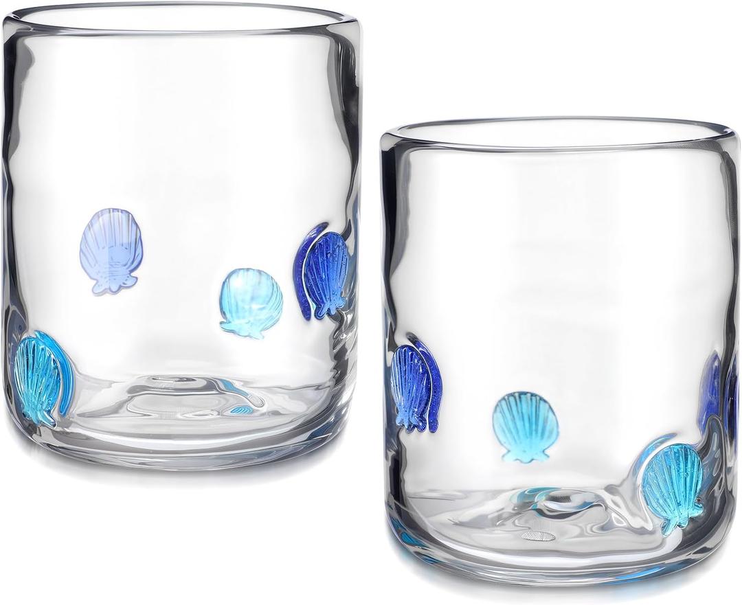 Maxdot 2 Pcs Icon Juice Glasses Seashell Glass Cups Drinking Shell Stemless Wine Glasses 14 Ounce Double Old Fashioned Icon Hand Blown Cocktail Cups Gifts for Women Summer Sea Party Supplies