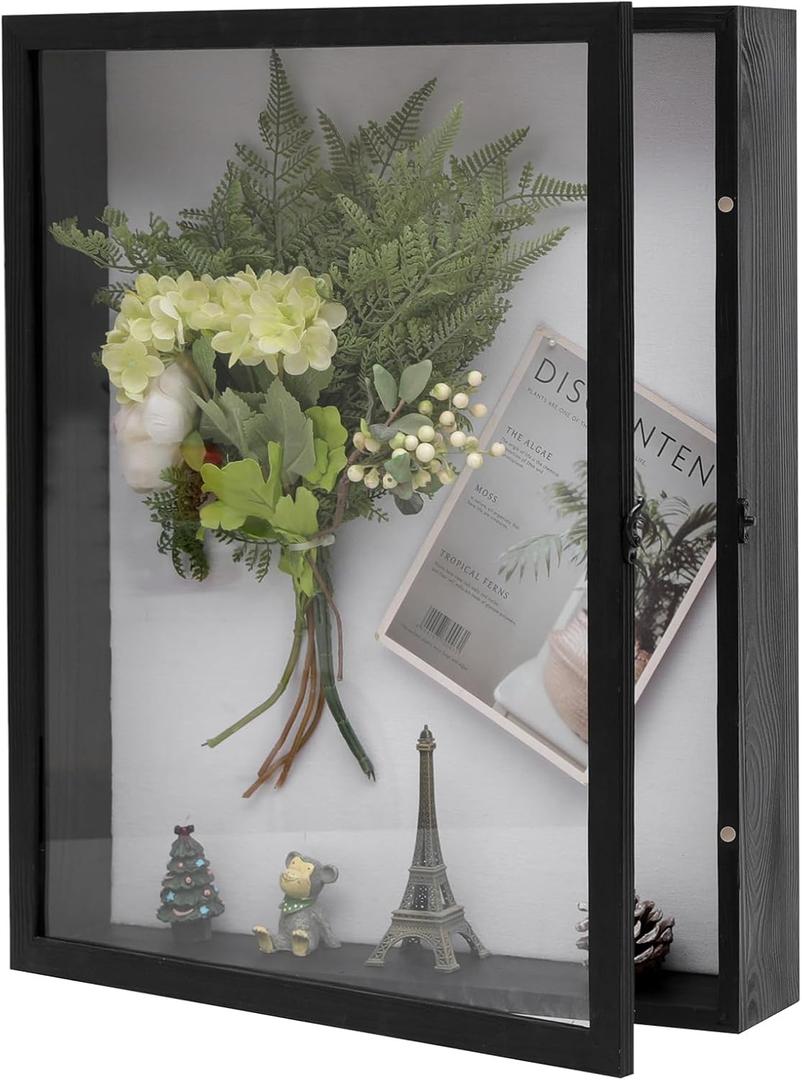 Muzilife Extra Large 16x20 Shadow Box Frame, 3.54" Deep Display Case with Linen Back & Solid Wood Frame, 8 Pins for Jerseys, Flowers, Wedding Keepsakes, Kids' Mementos, Tickets & Photos, Black