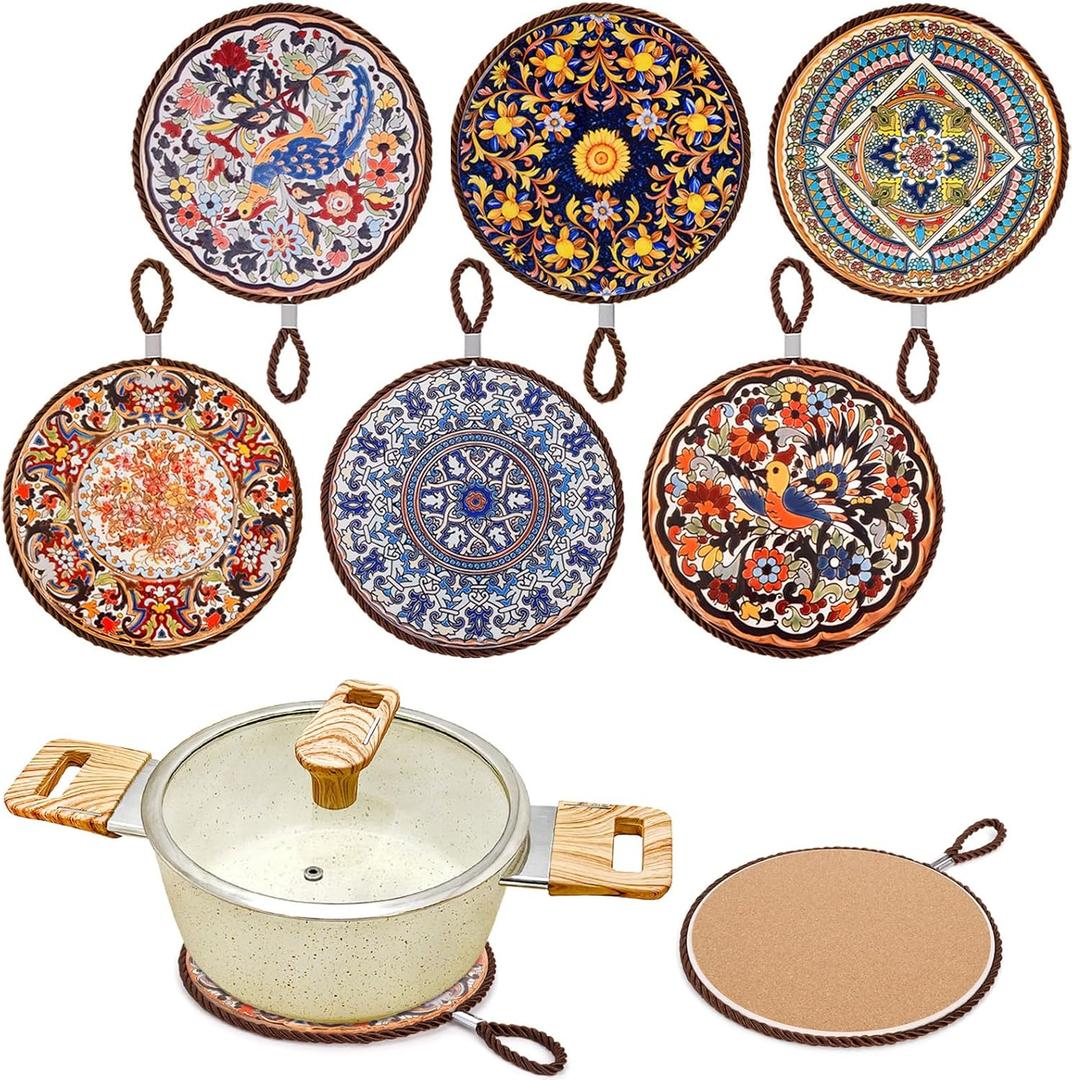 6 Pack Ceramic Trivets, 6.7" Hot Pads for Pots and Pans, Portable Hanging Hot Dish Mat, Heat Resistant Coaster, Non-Slip Hot Plate Mats for Kitchen Countertop, Table, Home Decor