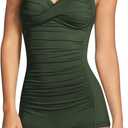 Sovoyontee Women's One Piece Tummy Control Swimwear Boyleg Ruched Swimsuit (Medium, #02 Army Green Shoulder Style)