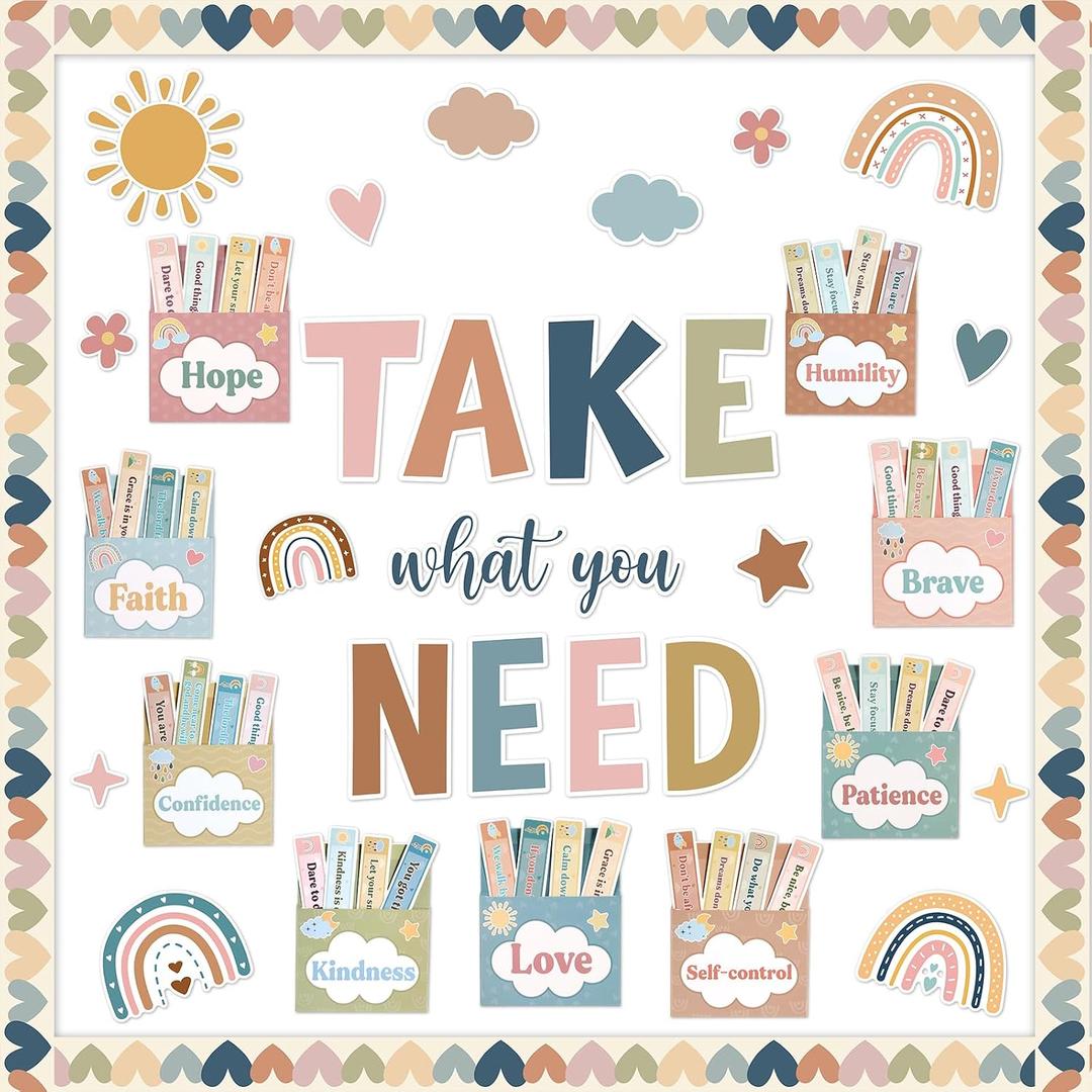 Boho Mental Health Bulletin Board Set Inspirational Take What You Need Classroom Decor Positive Pocket Bulletin Board Boho Motivational Quotes Affirmation Cutouts for Back to School Home Wall Decor