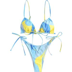 ZAFUL Womens High Cut Thong Bikini Set Swimsuits Cami String Sexy Bathing Suit (L)