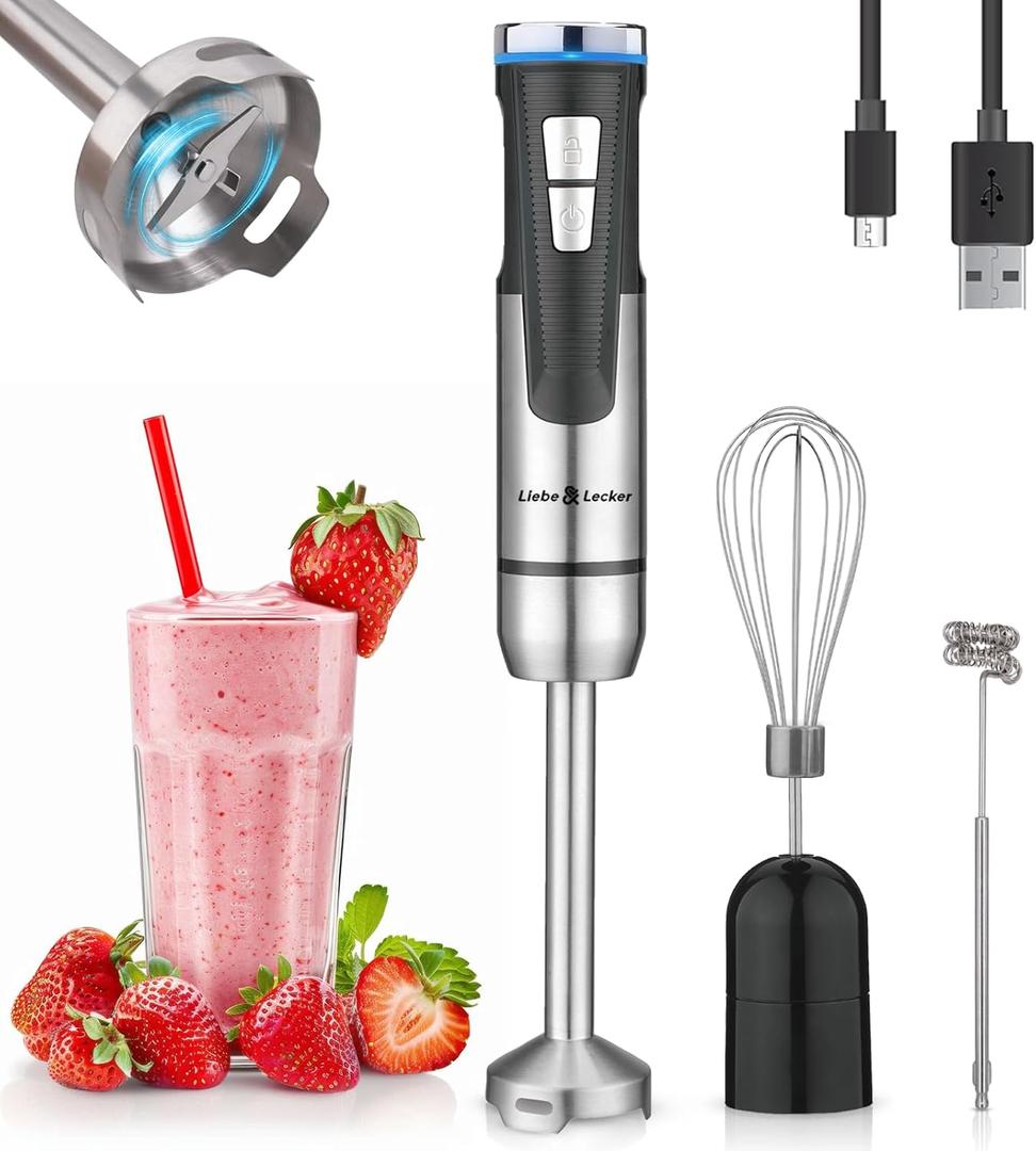 Liebe&Lecker Immersion Blender Handheld Cordless, 3 in 1 Cordless Hand Blender, 8 Speed Emulsion Blender Handheld with Whisk Milk Frother for Soup Smoothie