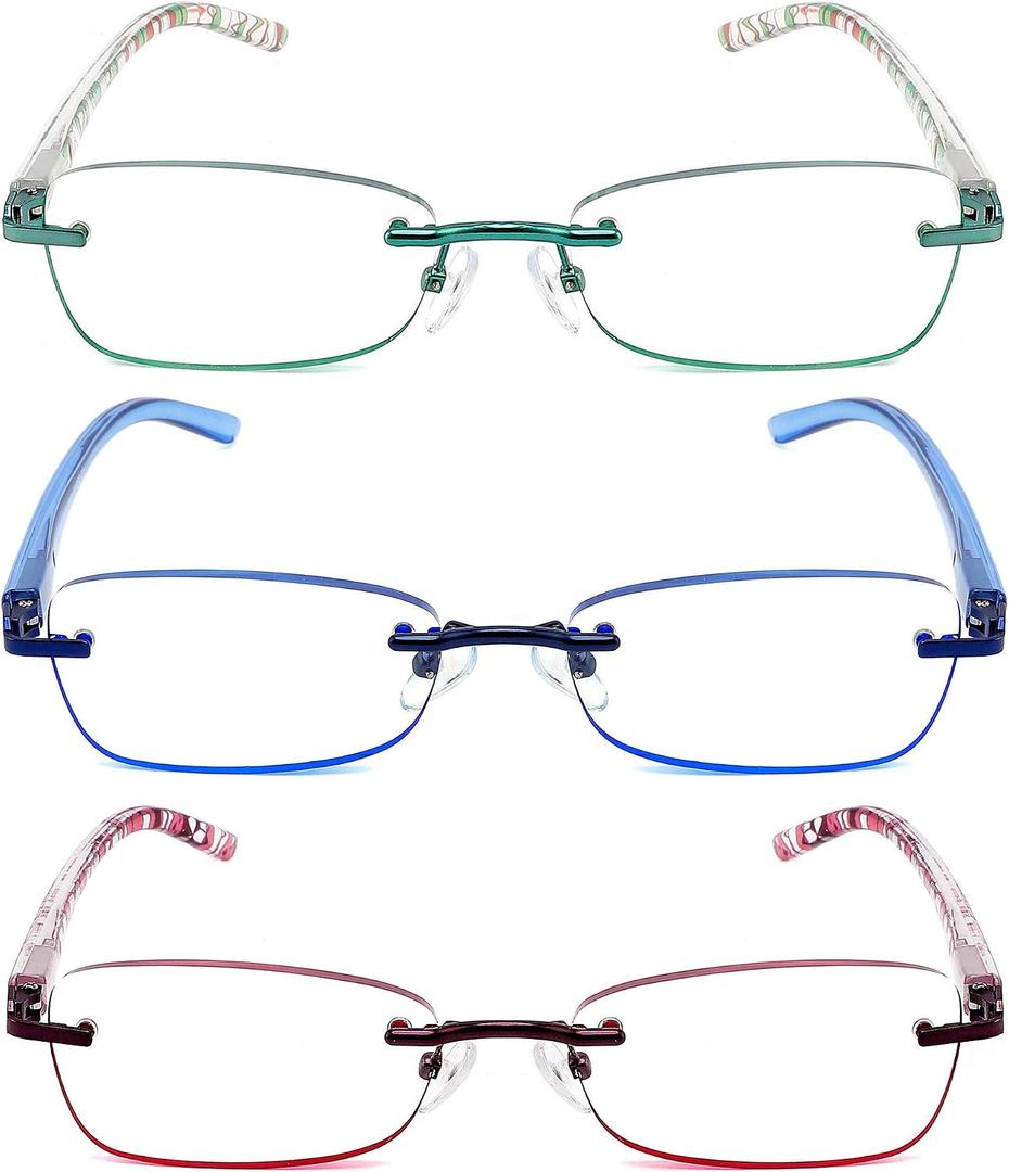 JJWELL 3 Pack Reading Glasses for Women Blue Light Blocking, Anti Eyestrain/UV 400 Filter Readers with Spring Hinge, Lightweight Rimless Tinted Metal Blue Rays Eyeglasses (+2.75)