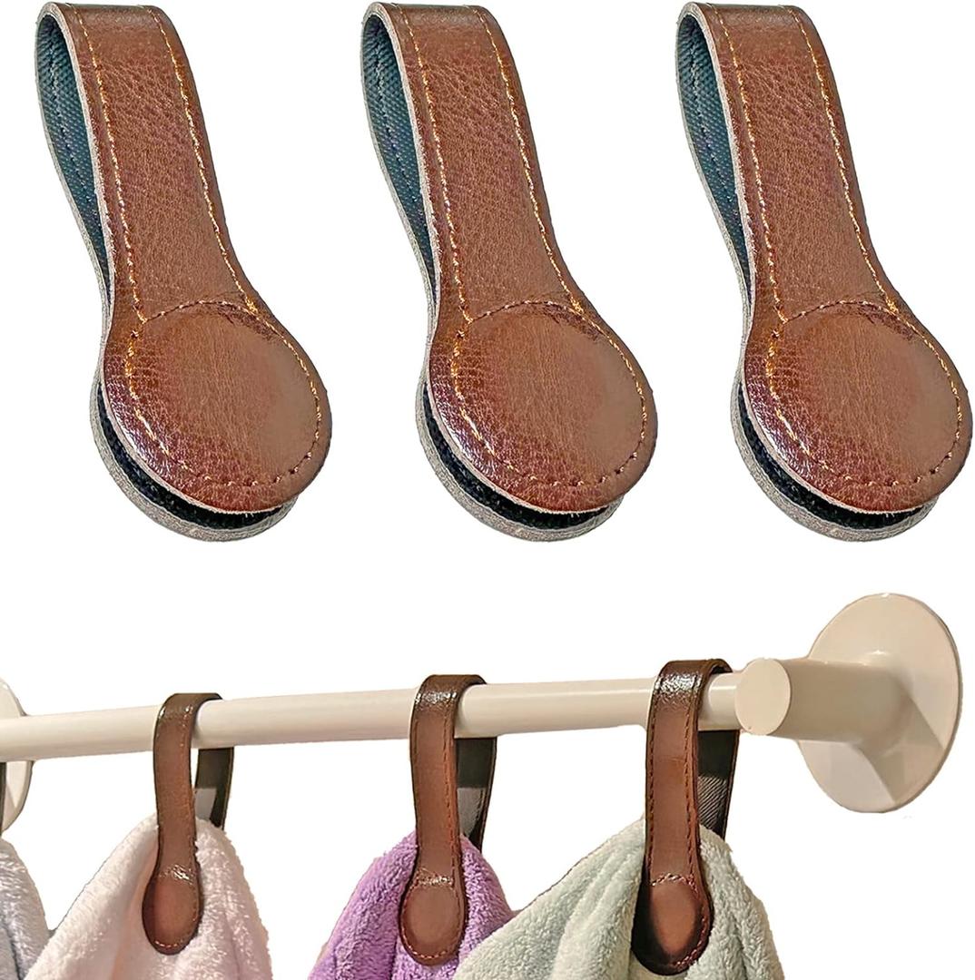 Prriudy 3 Pack Leather Towel Clips Magnetic Bath Towel Clips Hand Towel Hooks with Magnets for Towel Rods and Racks, Kitchen and Bathroom Accessory (Brown, 3 Pack)