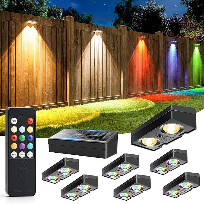 JOFIOS Solar Fence Lights with Remote, Warm White, Cool White and RGB Color Glow LED Outdoor Wall Lights, IP65 Waterproof Solar Lights for Fence, Backyard, Railing, and Deck, Home Improvement, 2 Pack