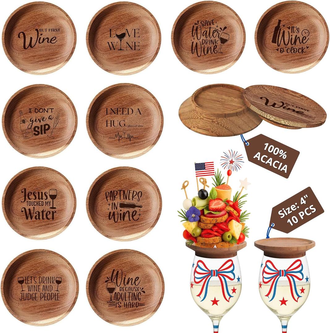 Premium Acacia Charcuterie Wine Glass Topper, Wooden Wine Glass Topper Appetizer Plates, Mini Charcuterie Boards, Charcuterie Accessories (10 Pcs)