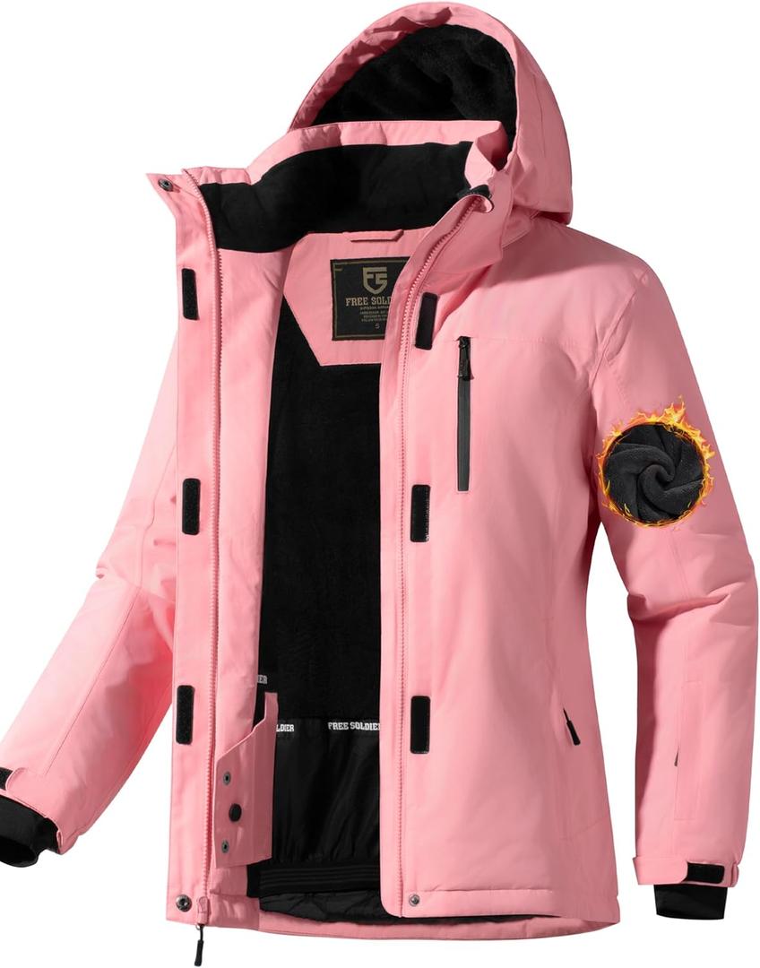 FREE SOLDIER Women's Waterproof Ski Snow Jacket Fleece Lined Warm Winter Rain Jacket with Hood Fully Taped Seams (Large, Pink)