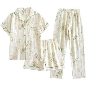 codcm Womens 3pcs Cotton Pajamas Set Short Sleeve Sleepwear Fruit Print Cute Pj Set with Long Pants (S)